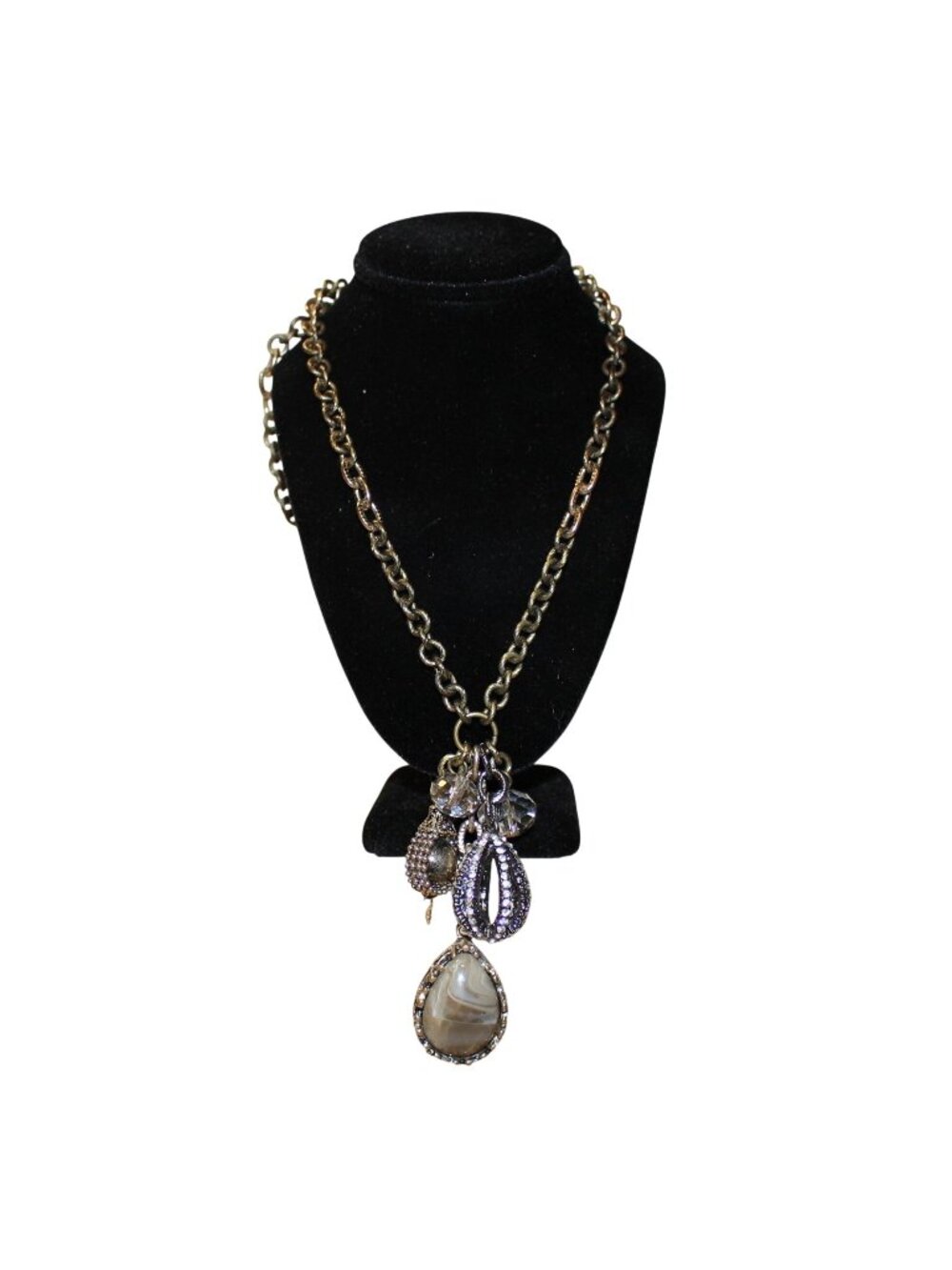 LOFT Antiqued Brass Cluster Charm Necklace Faux Agate Teardrop Crystal